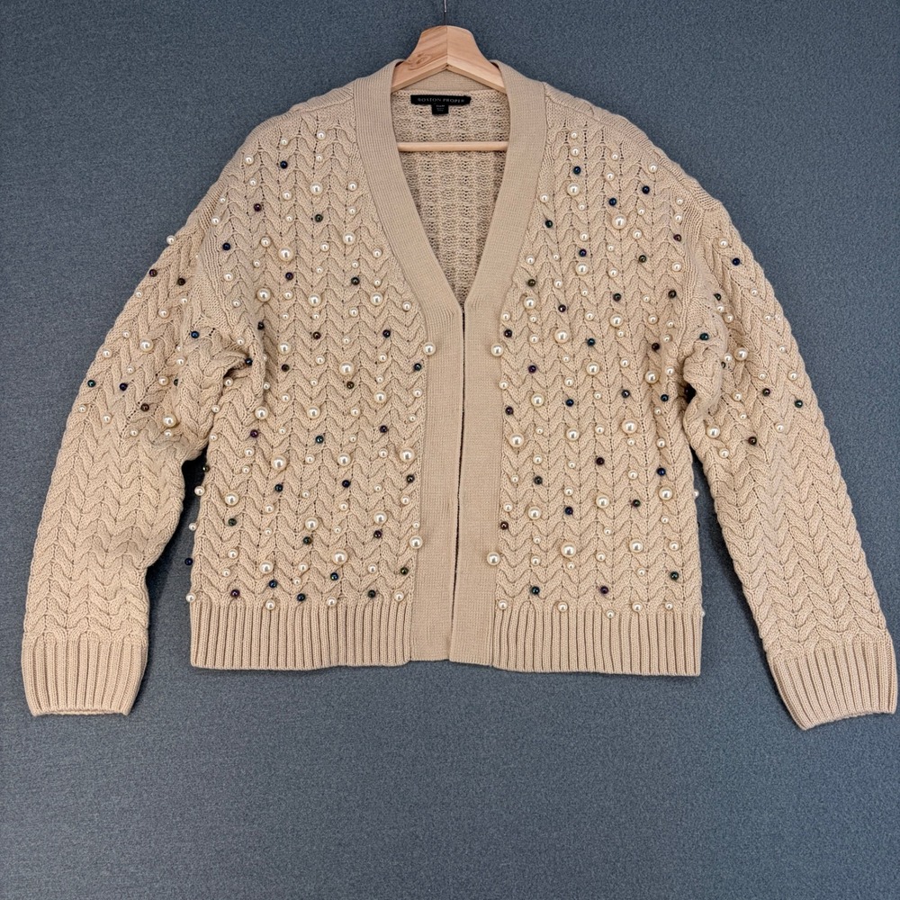 Boston Proper Beige Pearl Embellished Cable Knit Cardigan Sweater Womens Medium - Picture 1 of 8